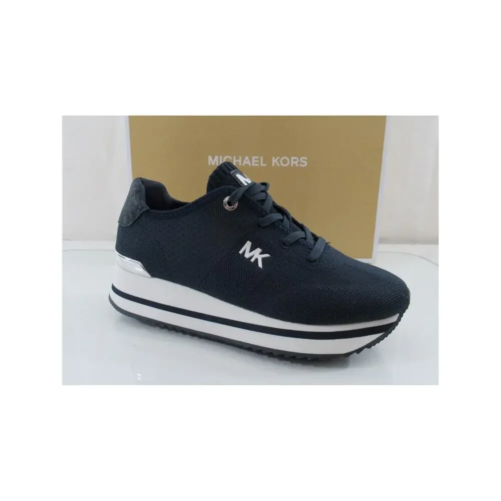 Michael Kors Monique Trainer Lace Up Sneakers MK Logo Stretch Knit Navy Size 7.5